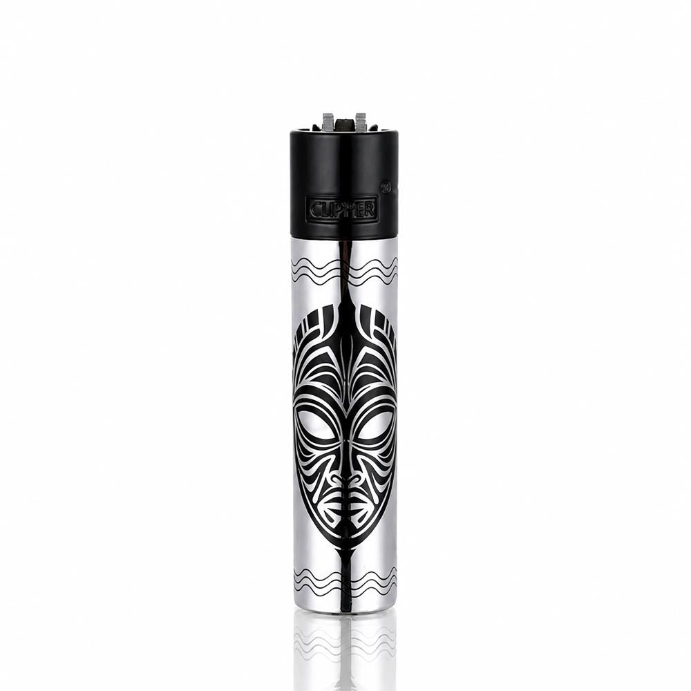 Silver Clipper Totems metal lighter front view with tribal mask engraved design