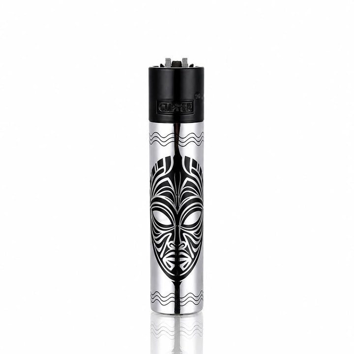 Silver Clipper Totems metal lighter front view with tribal mask engraved design