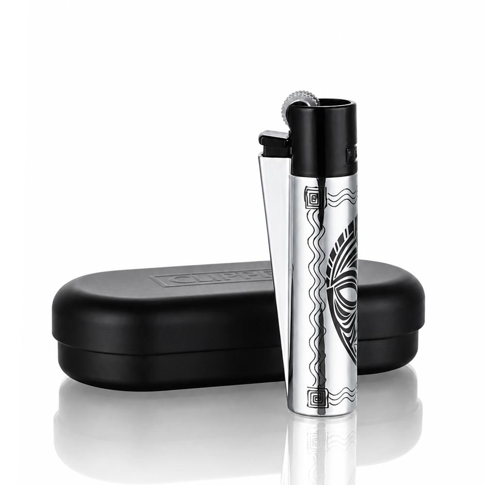 Silver Clipper Totems metal lighter view with engraved design with Clipper case