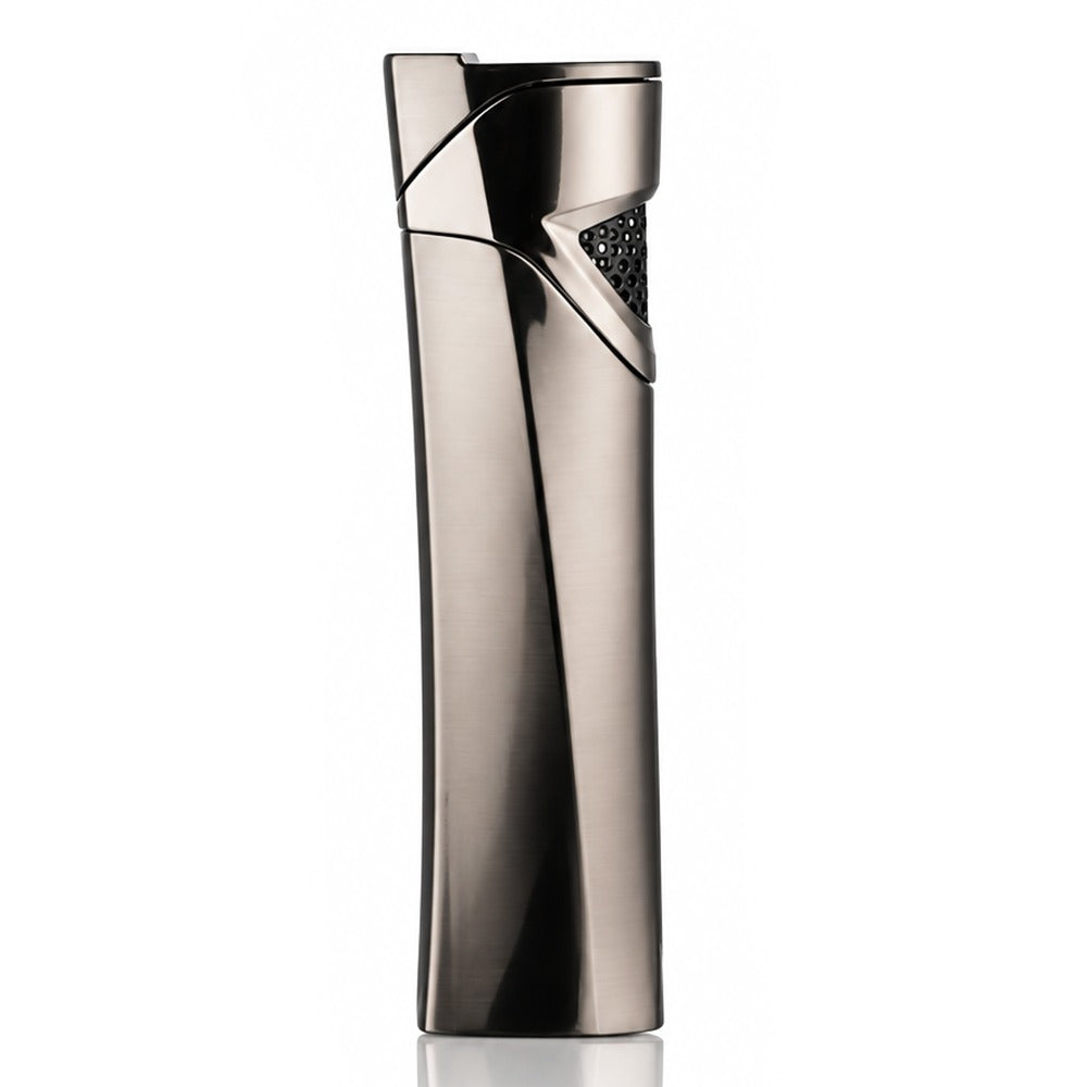 Curved slim black metal windproof lighter, front angled view | Bong Warehouse