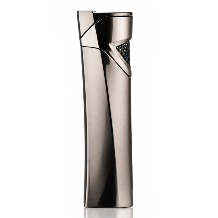 Curved slim black metal windproof lighter, front angled view | Bong Warehouse