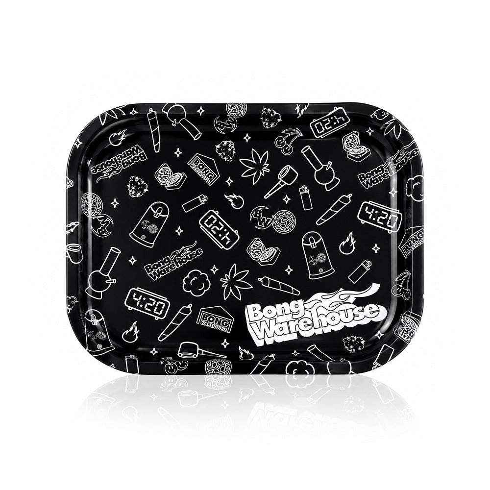 Black doodle print metal rolling tray with white smoking icons from Bong Warehouse, top view