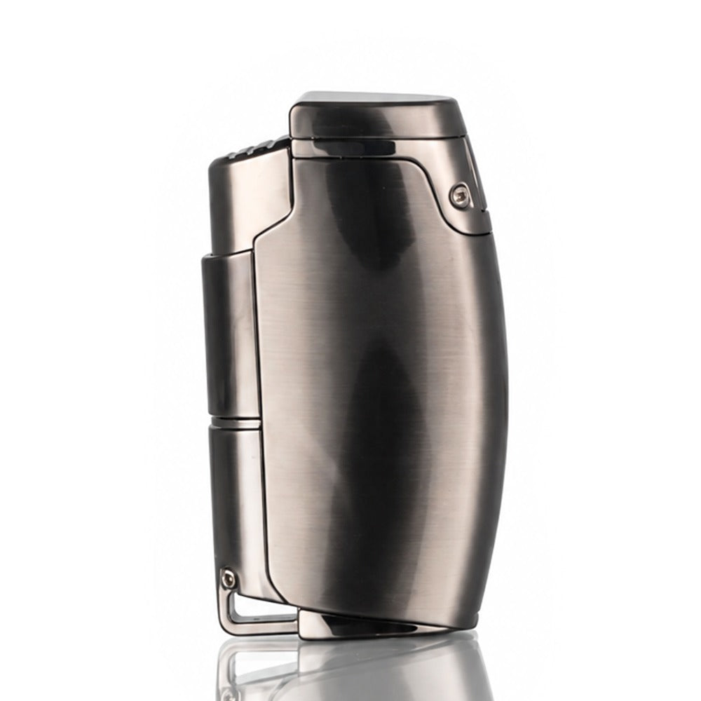 Brushed gunmetal dual jet windproof torch lighter with the lid closed, front view | Bong Warehouse