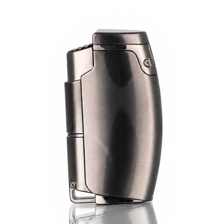 Brushed gunmetal dual jet windproof torch lighter with the lid closed, front view | Bong Warehouse