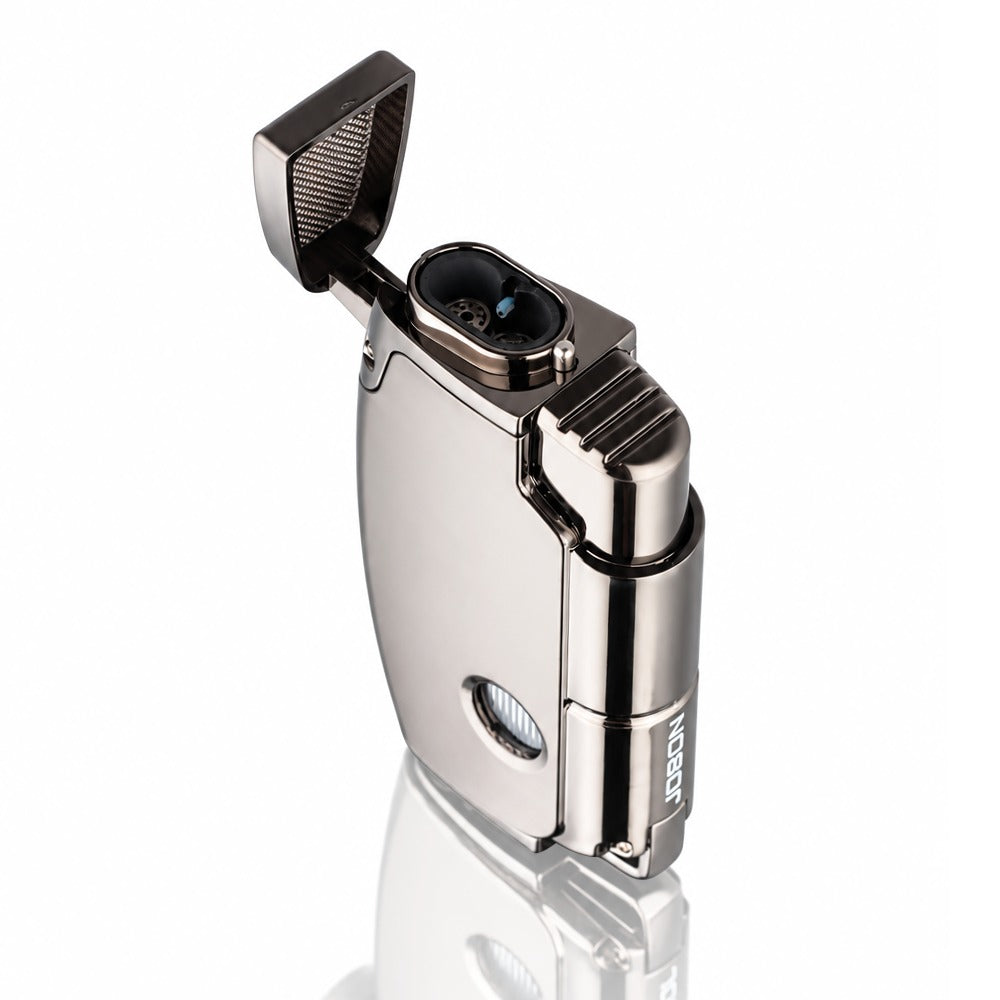 Gunmetal dual jet torch lighter with the lid open, showing the twin jet burner and mesh-lined lid | Bong Warehouse