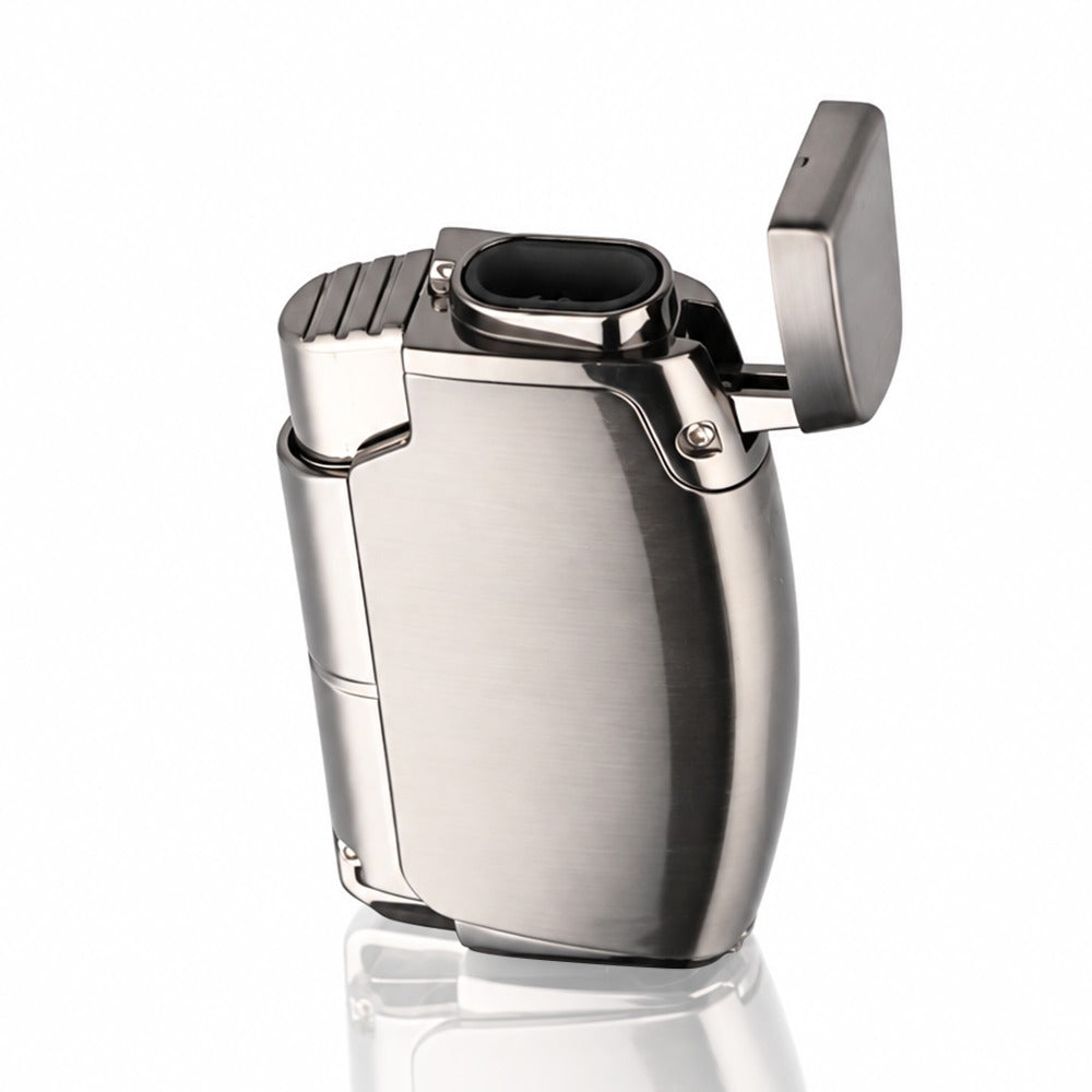 Brushed gunmetal dual jet torch lighter, lid open, front view of the curved metal body | Bong Warehouse