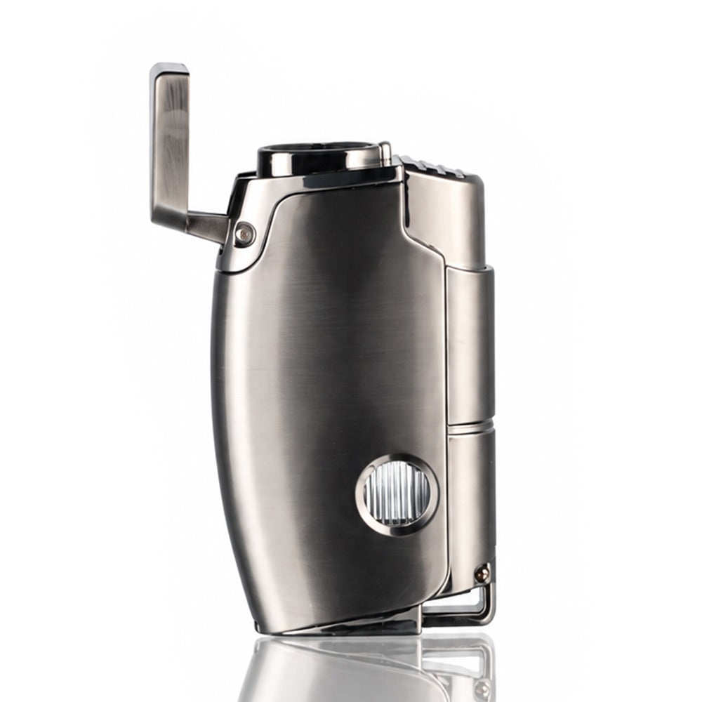 Side view of a gunmetal dual jet torch lighter showing the butane fuel level window | Bong Warehouse