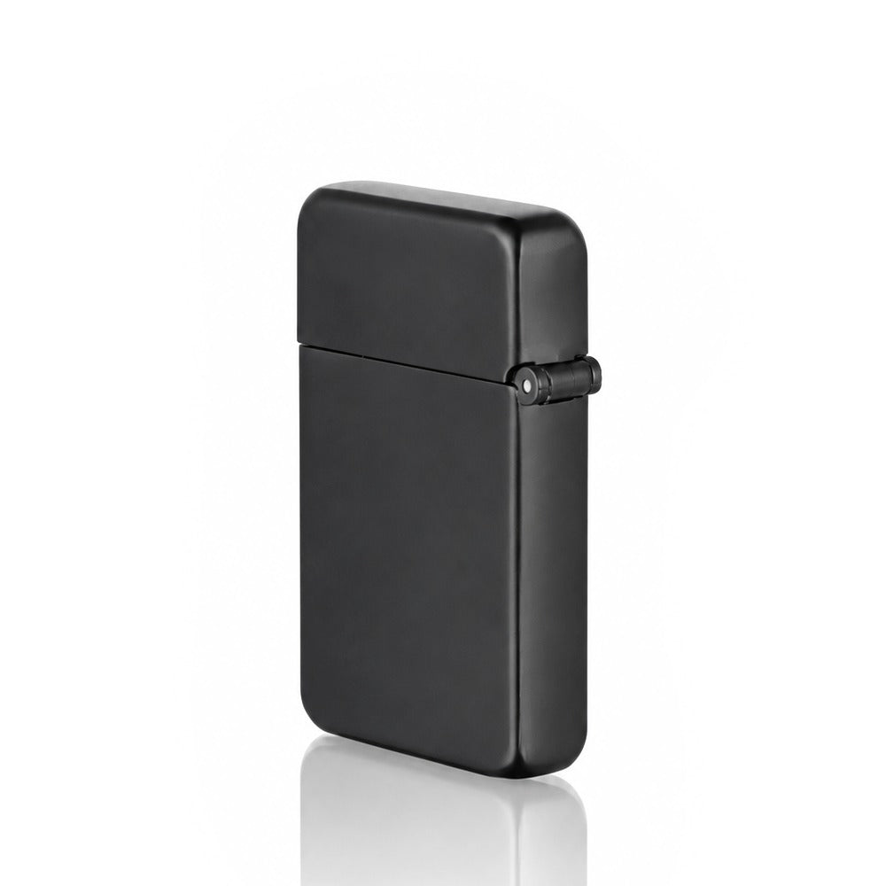Matte black slim metal flip-top jet lighter, angled view showing the thin profile | Bong Warehouse