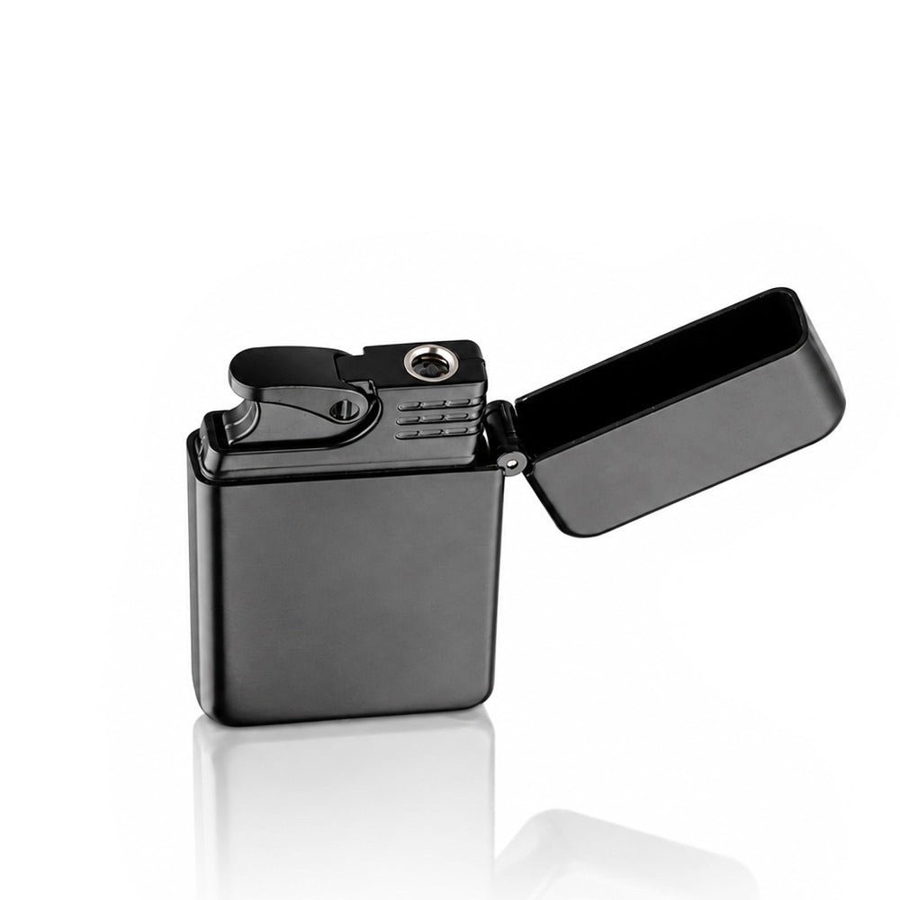 Matte black slim refillable butane flip-top jet lighter, open angled view | Bong Warehouse