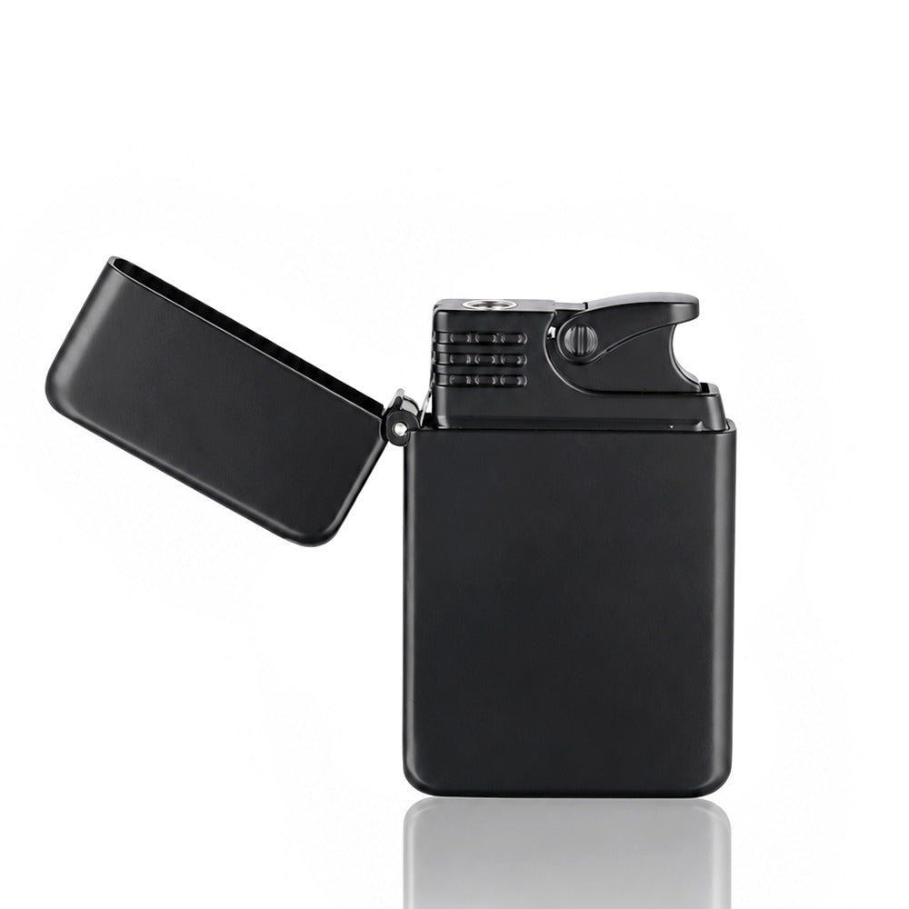 Matte black slim metal flip-top jet lighter with lid open, angled view | Bong Warehouse