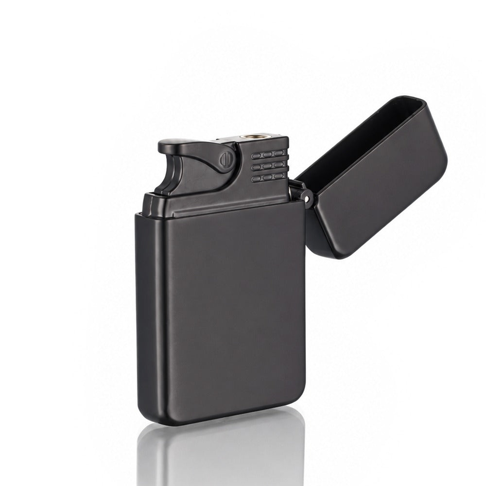 Matte black slim metal flip-top jet lighter, lid open showing the jet flame nozzle | Bong Warehouse