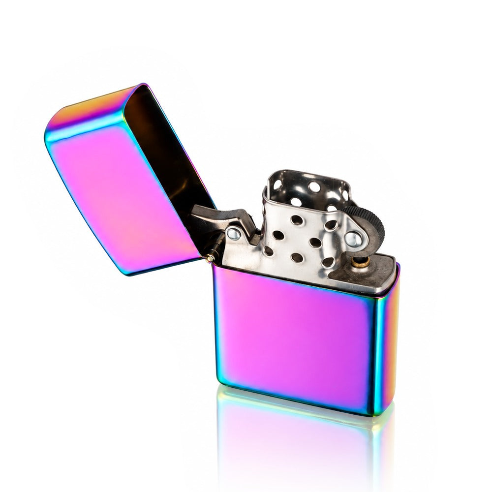 Rainbow iridescent flip-top petrol lighter, lid open showing the wick and flint wheel | Bong Warehouse