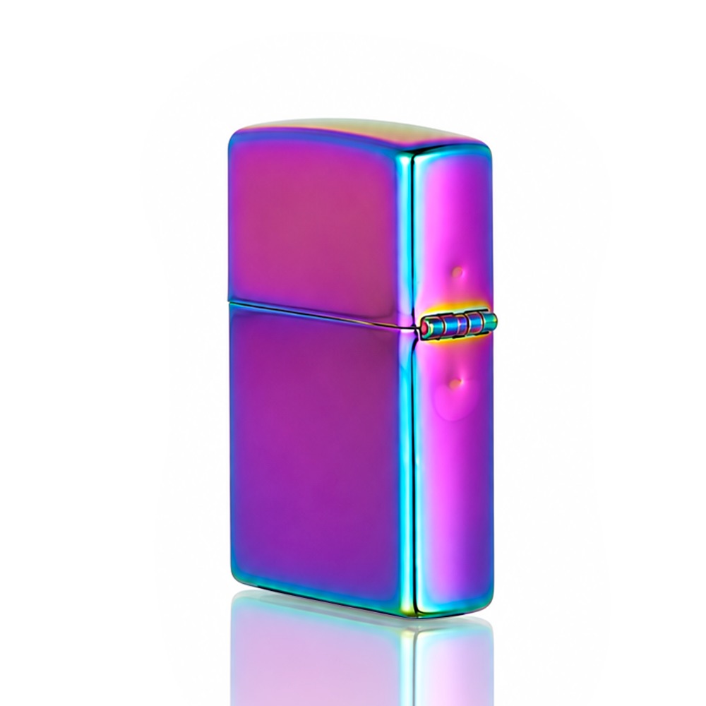 Slim rainbow iridescent flip-top windproof petrol lighter, front view | Bong Warehouse
