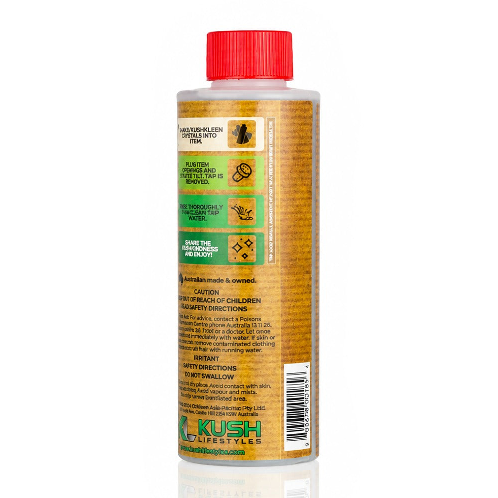 Kush Kleen 420 & 710 Pipe Cleaner 325g bottle back view with 4-step cleaning instructions
