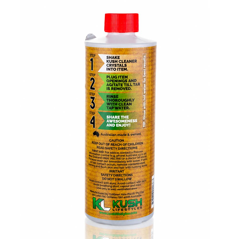 Bong Warehouse Kush Kleen 420 & 710 Pipe Cleaner 650g bottle back with 4-step cleaning instructions view