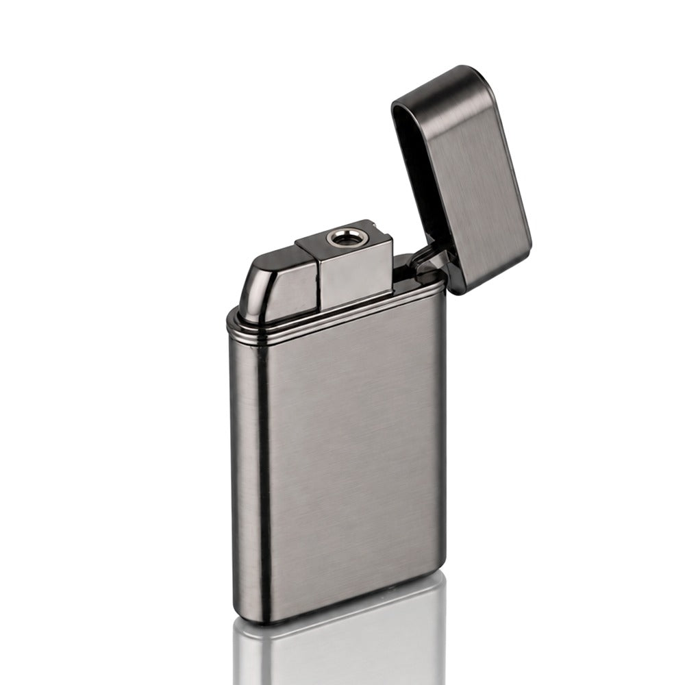 Black LED windproof butane jet torch lighter, lid open showing the torch nozzle | Bong Warehouse