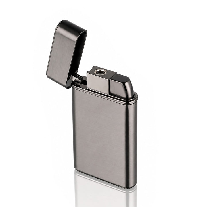 Black LED windproof metal jet torch lighter with lid open, angled view | Bong Warehouse