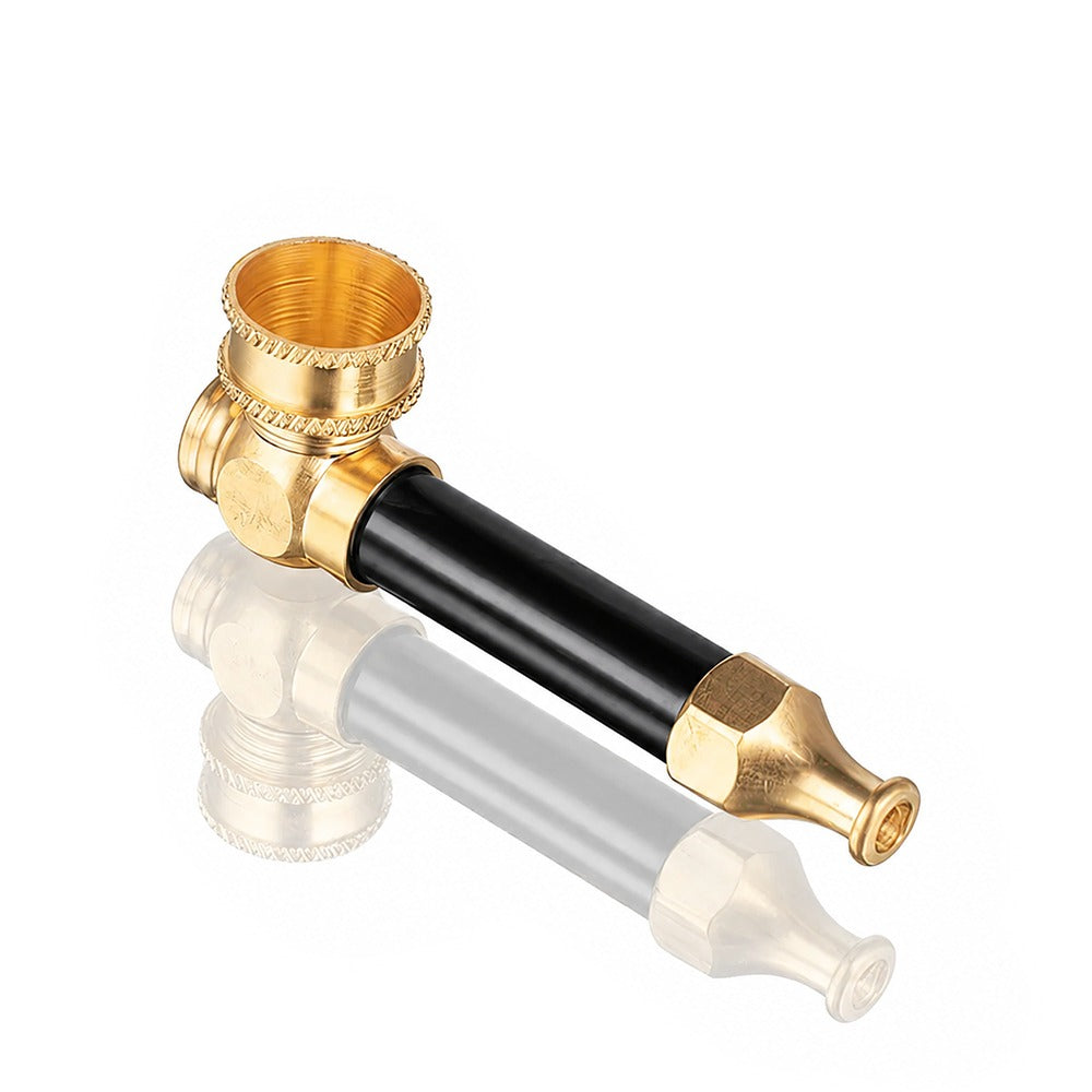 Black metal peace pipe with gold brass fittings – angle view
