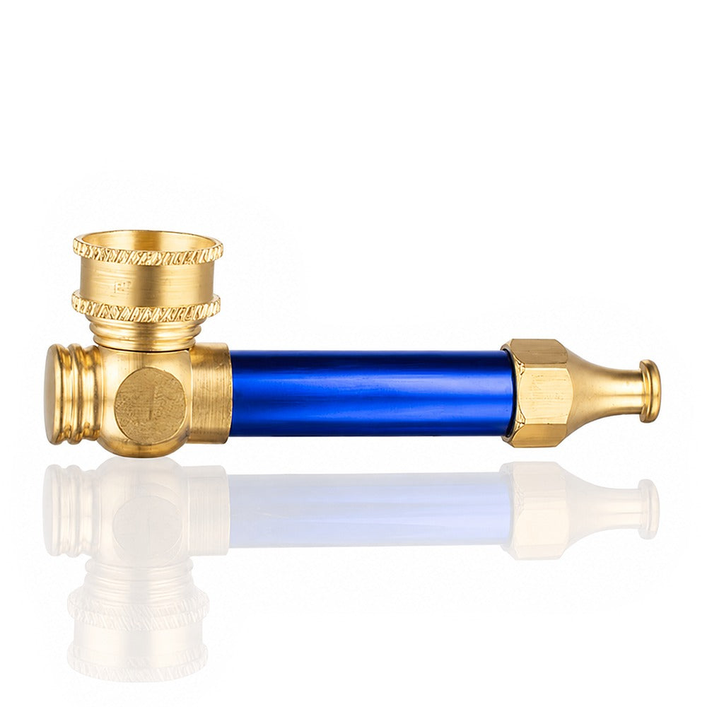 Blue metal peace pipe with gold brass fittings – side view