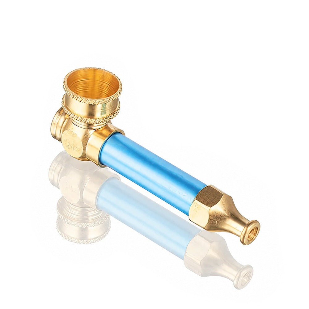 Light blue metal peace pipe with gold brass fittings – angle view