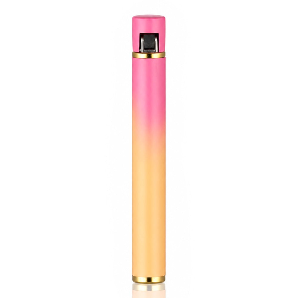 Slim pink and peach ombré mini metal flint wheel lighter with gold trim, front view | Bong Warehouse