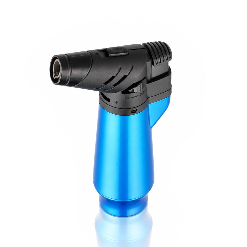Blue mini metal jet torch lighter, front angled view | Bong Warehouse