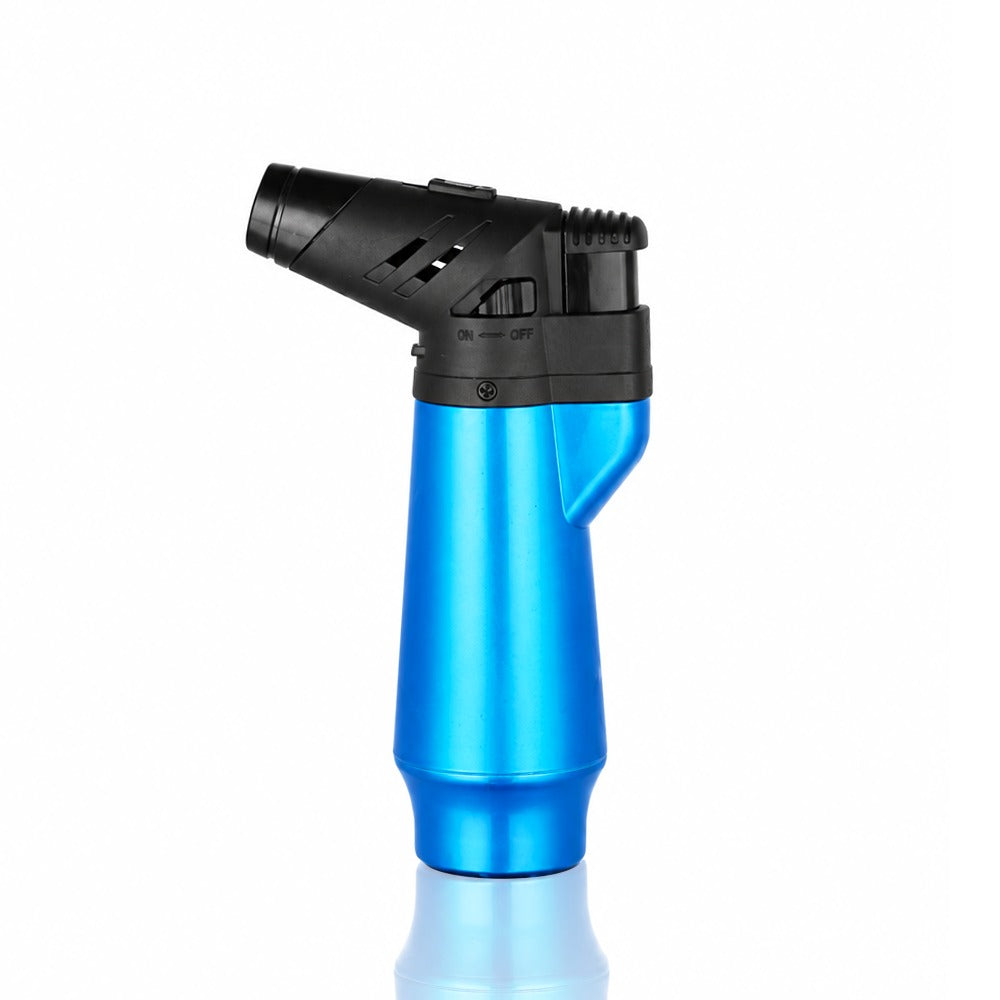 Side view of blue mini metal jet torch lighter showing the on/off safety lock | Bong Warehouse