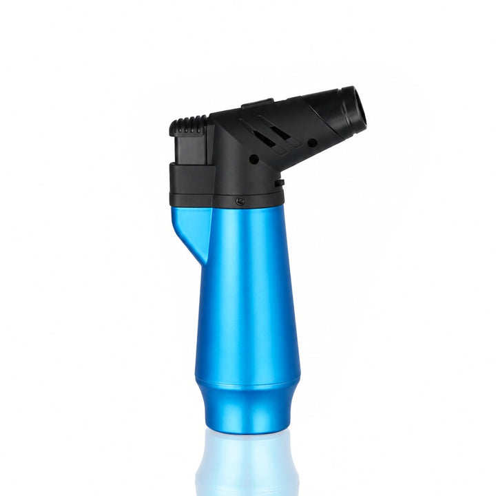 Blue mini metal butane jet torch lighter, side view | Bong Warehouse