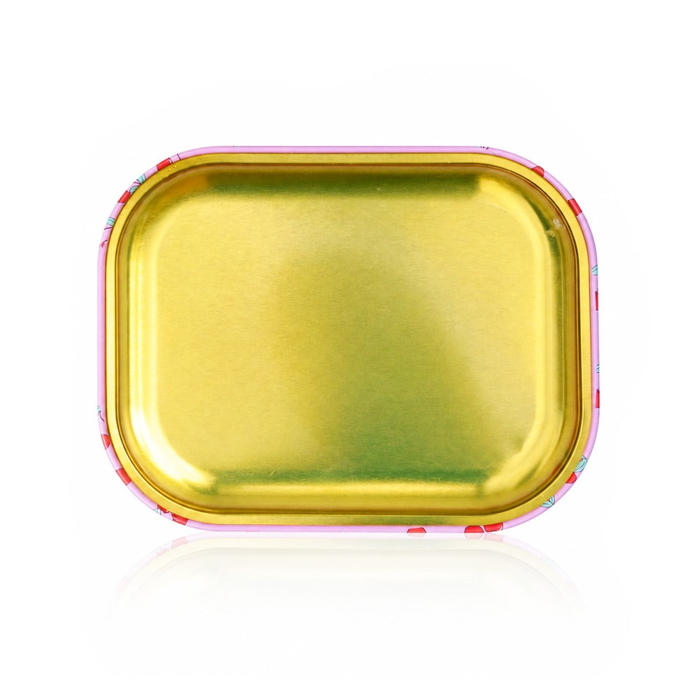 BW pink cherry rolling tray – base view showing gold metal underside with pink cherry-patterned rim
