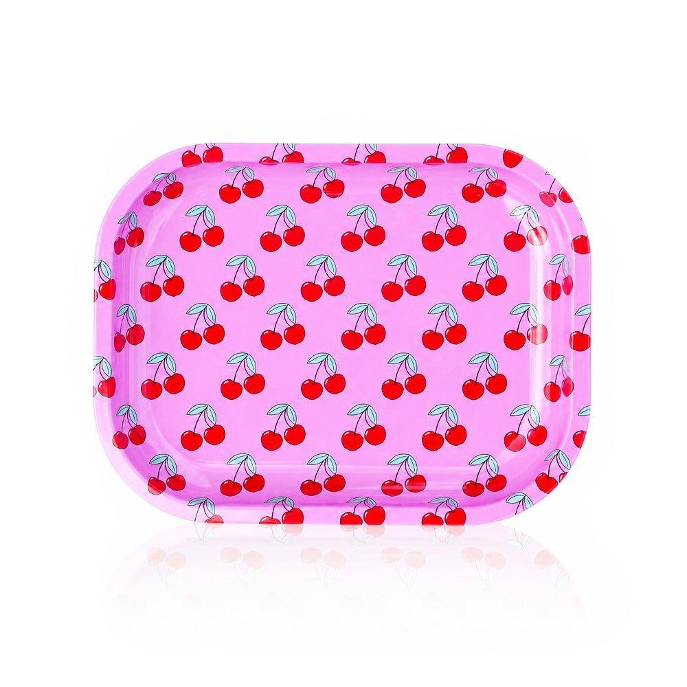 BW pink cherry rolling tray – front view of pink metal rolling tray with red cherry pattern
