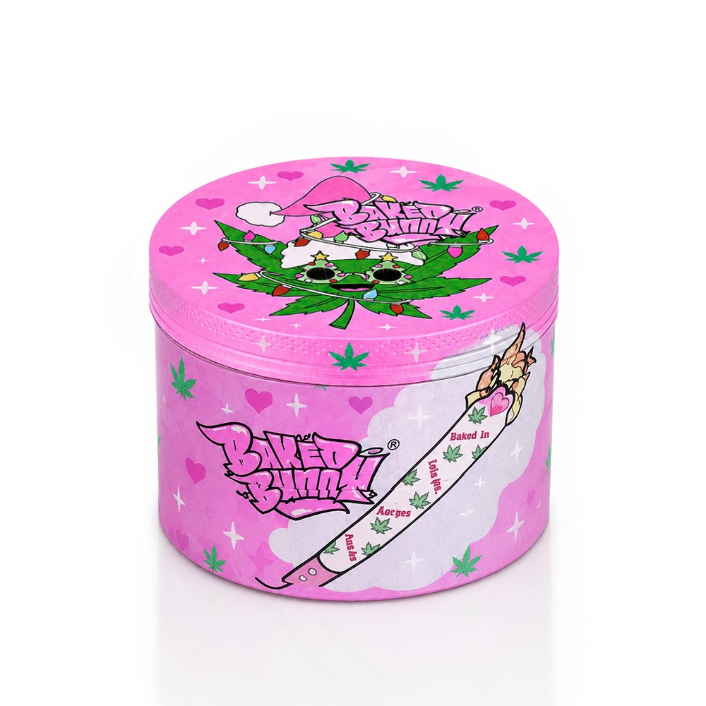 Open Christmas pink metal weed grinder showing blade teeth – holiday cannabis gift, festive stoner girl accessory, pink Xmas grinder open view, sparkly Santa cannabis design
