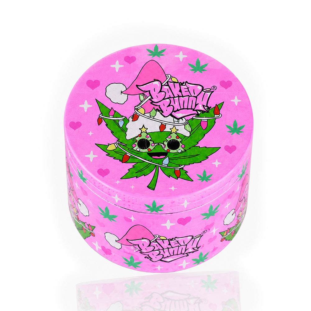 Pink Christmas Baked Bunny herb grinder with festive cannabis Santa leaf design – holiday stoner gift, Xmas weed grinder, cute pink Christmas accessory, Elf meets cannabis