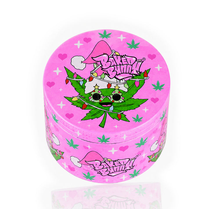 Pink Christmas Baked Bunny herb grinder with festive cannabis Santa leaf design – holiday stoner gift, Xmas weed grinder, cute pink Christmas accessory, Elf meets cannabis