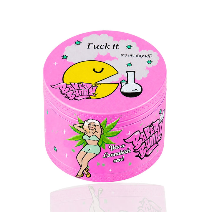 Pink Day Off herb grinder with Pac-Man Baked Bunny design – retro gaming meets cannabis, pop art weed grinder, fun stoner gift, baddie pink aesthetic, Y2K vibes