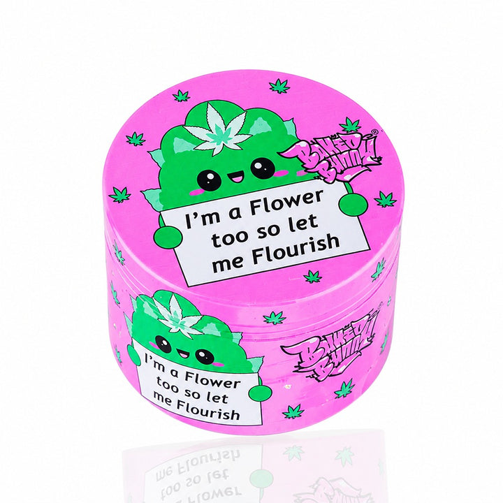 Side angle of Let Me Flourish pink weed grinder – motivational cannabis leaf character, spiritual stoner girl, wildflower meets weed culture, pink herb grinder cute