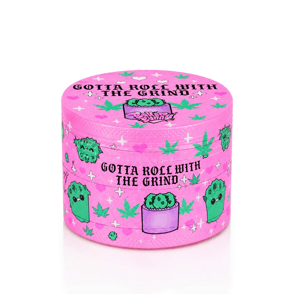 Top view of pink Roll With The Grind metal weed grinder – cute cactus and star pattern, cottagecore stoner girl, pretty herbal grinder, festival cannabis accessory