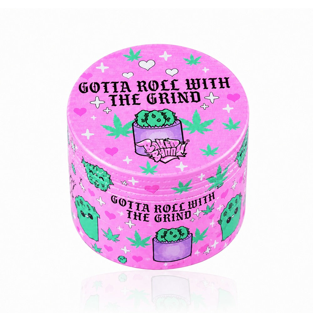 Pink Gotta Roll With The Grind herb grinder with cute cactus design – plant mum stoner gift, sparkly hearts weed grinder, indie pop cannabis accessory, baddie pink grinder