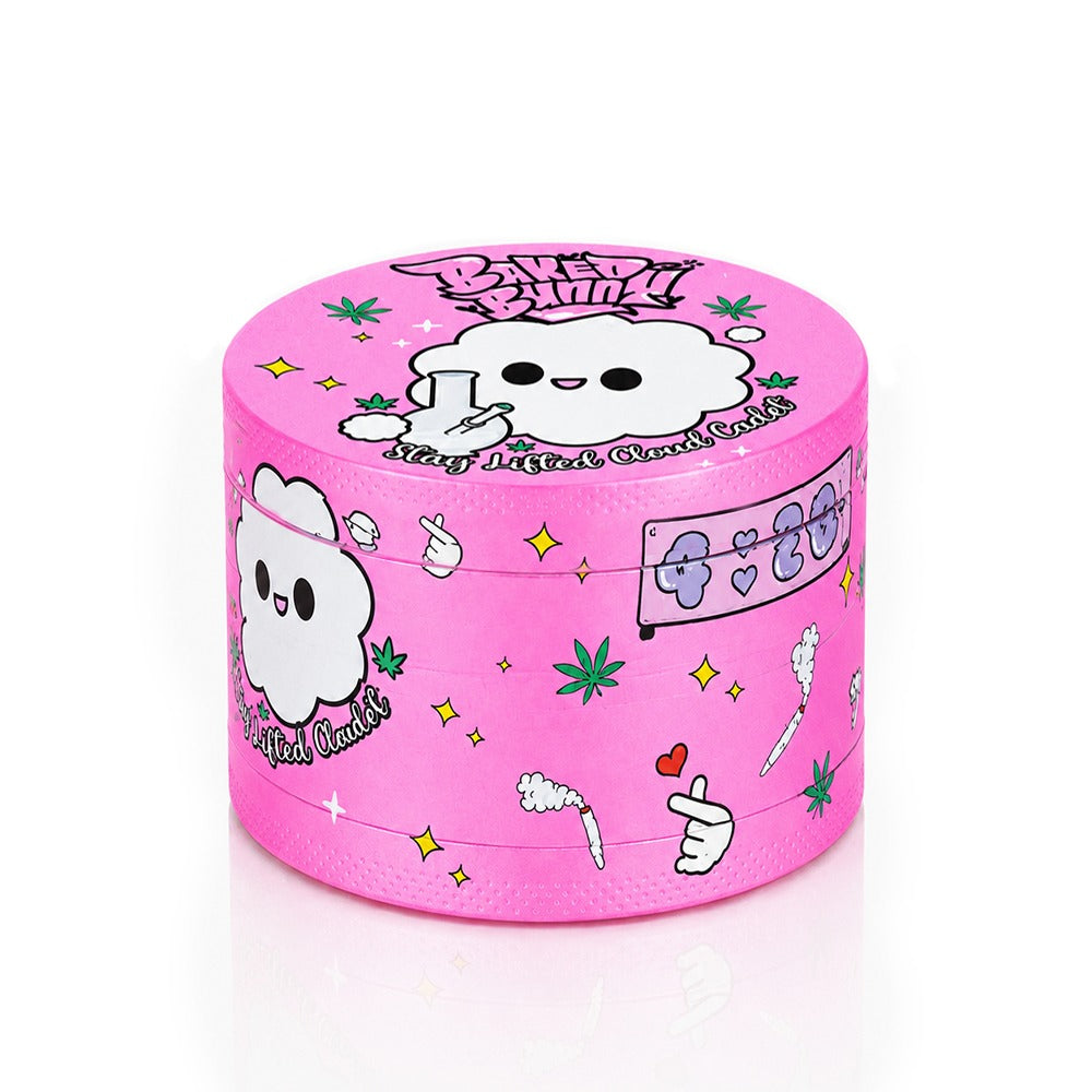 Front of pink Baked Bunny weed grinder with cute cloud ghost design – stoner girl aesthetic, cottagecore meets cannabis, sparkly diva smoking accessory, Powerpuff Girls vibes