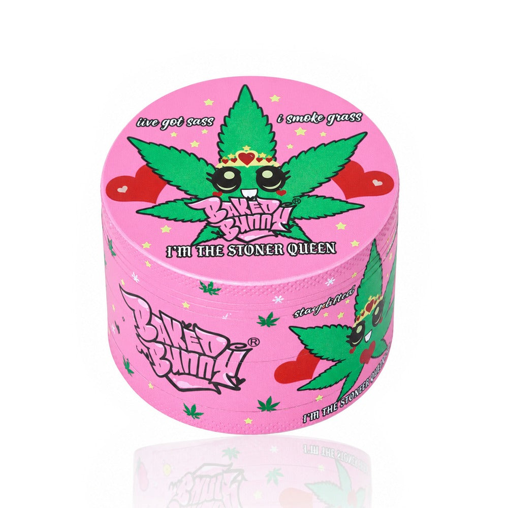Pink Stoner Queen herb grinder with sassy cannabis leaf character – queen energy weed grinder, diva smoking accessory, RuPaul drag vibes, slay all day pink grinder gift