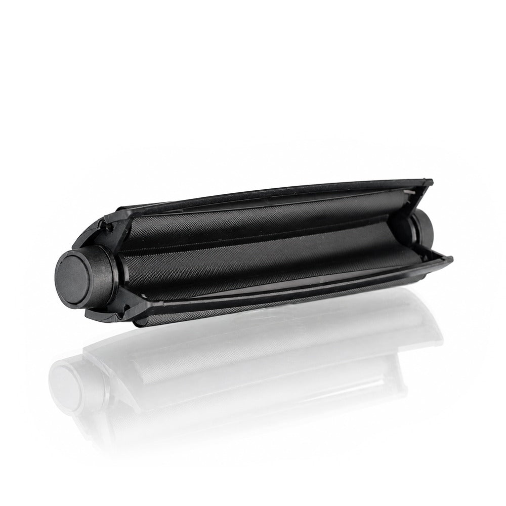 Black king size 110mm plastic cigarette rolling machine from Bong Warehouse, shown open with the roller lid lifted and rollers exposed