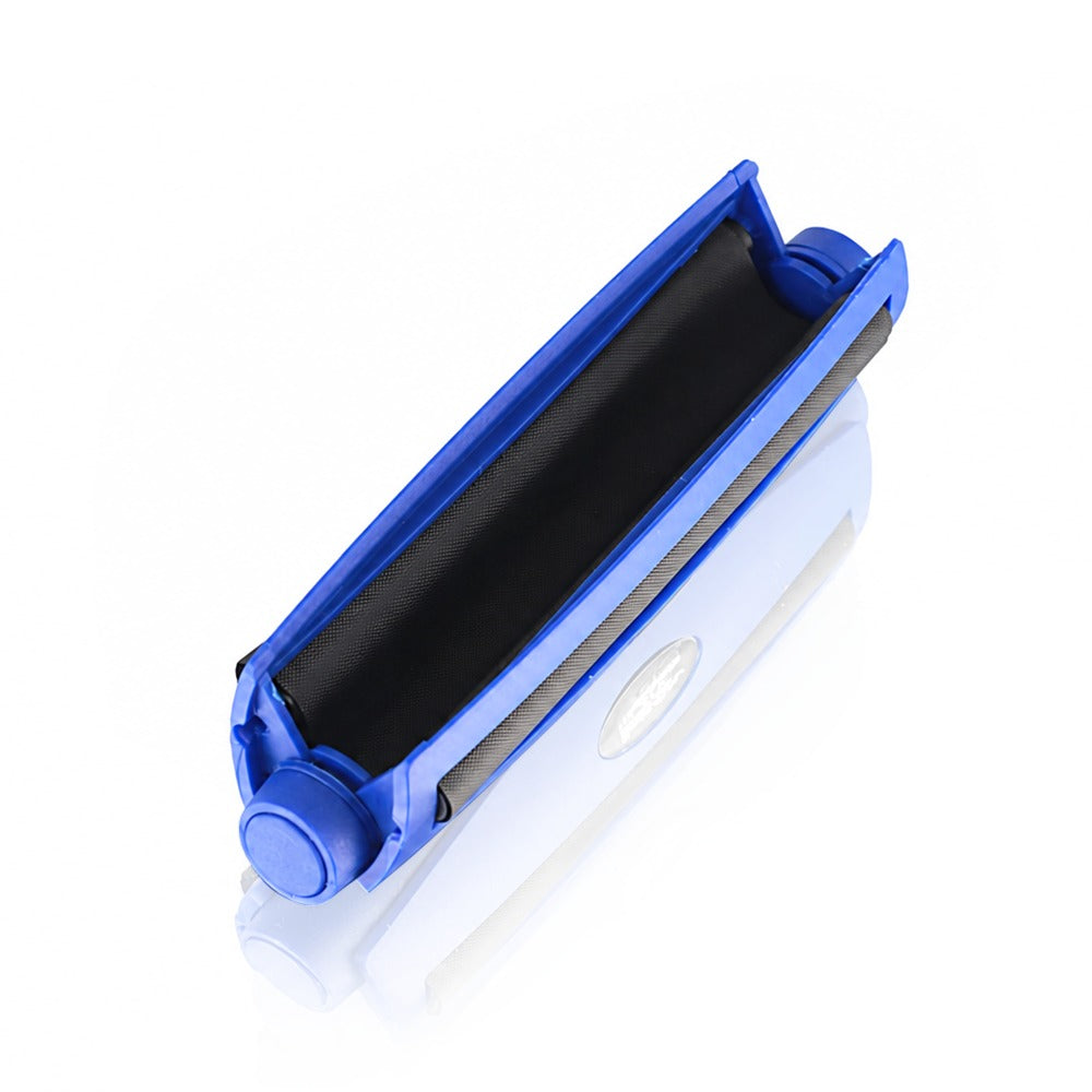 Blue king size 110mm plastic cigarette rolling machine from Bong Warehouse, open at an angle showing the twin rollers inside