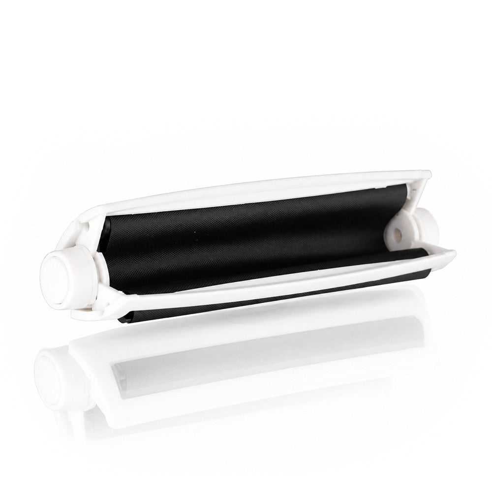 White king size 110mm plastic cigarette rolling machine from Bong Warehouse, open at an angle showing the twin rollers inside