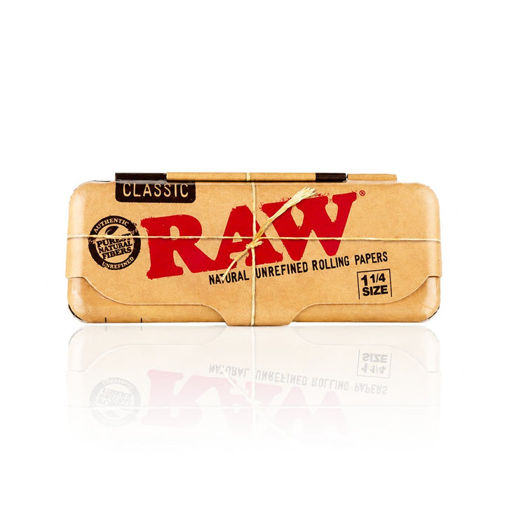 RAW Classic 1 1/4 rolling paper tin, closed front view | Bong Warehouse