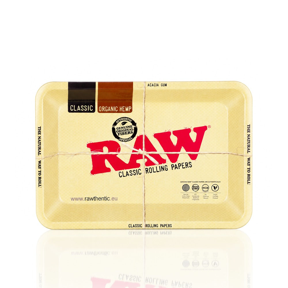 RAW Classic mini metal rolling tray in natural hemp with the red RAW logo, front view | Bong Warehouse