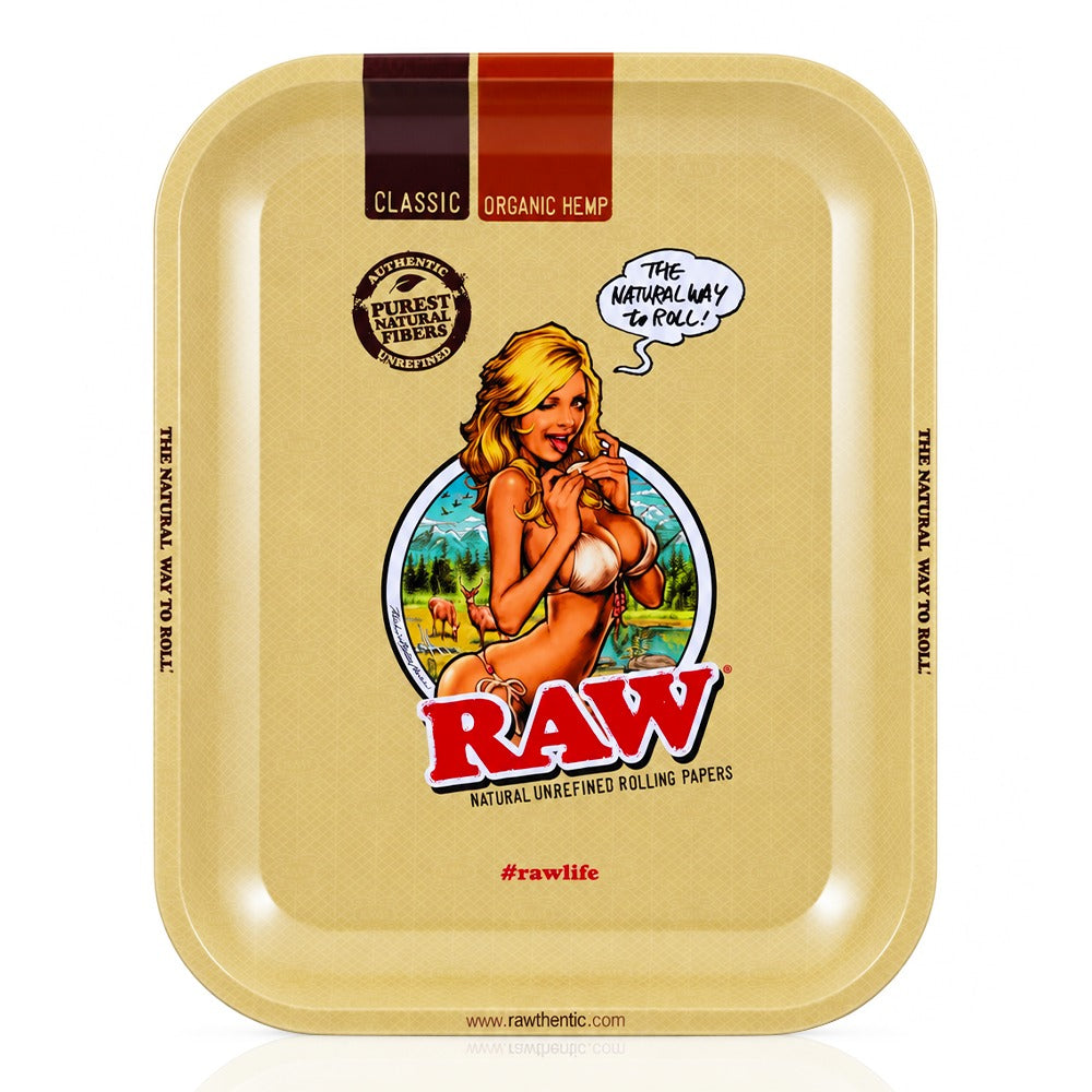 RAW Girl large metal rolling tray, front view of the classic pin-up design | Bong Warehouse