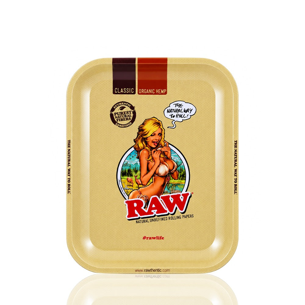 RAW Girl mini metal rolling tray with the classic pin-up design, front view | Bong Warehouse