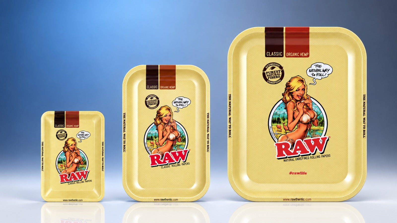 RAW Girl metal rolling tray shown in Mini, Medium and Large sizes side by side | Bong Warehouse