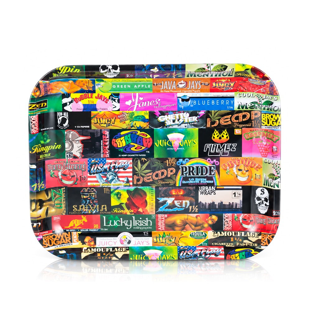 RAW History large metal rolling tray featuring a collage of vintage rolling paper packs, front view | Bong Warehouse