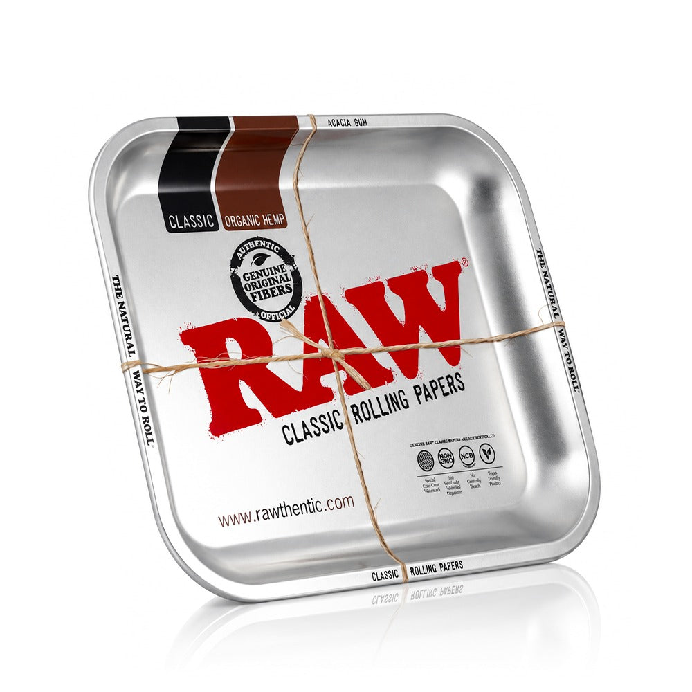 RAW Metallic large metal rolling tray in brushed silver, three quarter view | Bong Warehouse