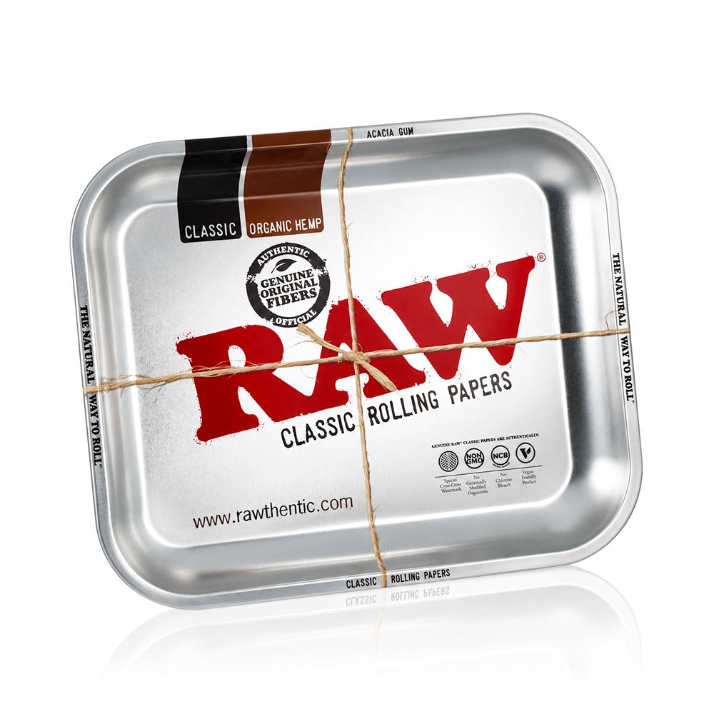RAW Metallic large metal rolling tray in brushed silver, angled view | Bong Warehouse